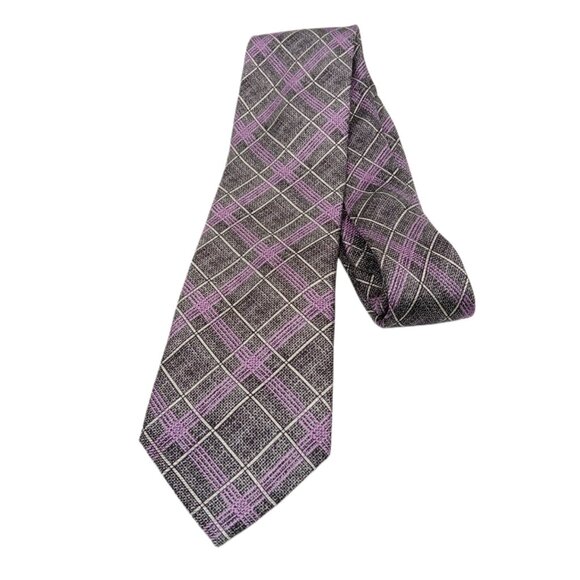 Joseph Abboud Silk Tie Men’s 61.5” Gray Purple Plaid Preppy Romantic Classic New - Picture 2 of 3